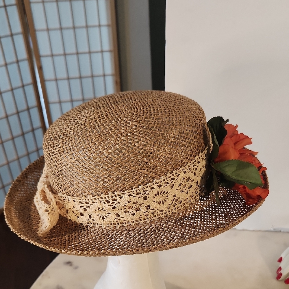 Chic Tan Straw Hat with Orange Floral Detail